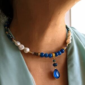 Dark Blue Jade,  Picasso Blue Beads & Pearls Crystal Pendant  Necklace